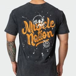 Muscle Nation Welcome To The Club Mens Graffiti Tag Oversized Vintage Tee - Washed Black