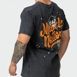 Muscle Nation Welcome To The Club Mens Graffiti Tag Oversized Vintage Tee - Washed Black