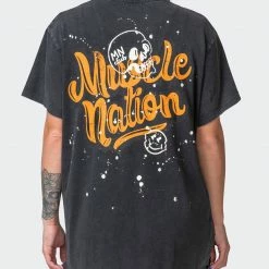 Muscle Nation Welcome To The Club Womens Graffiti Tag Oversized Vintage Tee - Washed Black