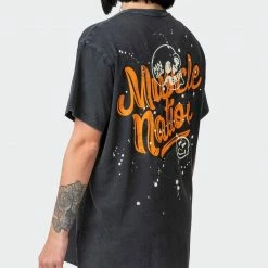 Muscle Nation Welcome To The Club Womens Graffiti Tag Oversized Vintage Tee - Washed Black