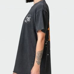 Muscle Nation Welcome To The Club Womens Graffiti Tag Oversized Vintage Tee - Washed Black