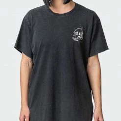 Muscle Nation Welcome To The Club Womens Graffiti Tag Oversized Vintage Tee - Washed Black