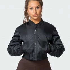 Muscle Nation Womens Cropped Bomber Jacket - Black