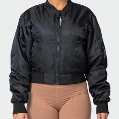 Muscle Nation Womens Cropped Bomber Jacket - Black
