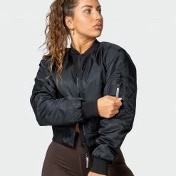Muscle Nation Womens Cropped Bomber Jacket - Black