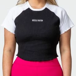 Muscle Nation Dream Big Lettuce Hem Ribbed Tee - Black / White 30% EOFY SALE