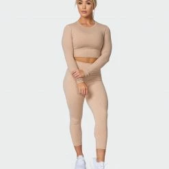 Muscle Nation Welcome To The Club MN Everyday Cropped Long Sleeve Top - Brown Sugar