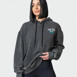 Muscle Nation Womens MN Club Oversized Vintage Hoodie - Washed Black Welcome To The Club