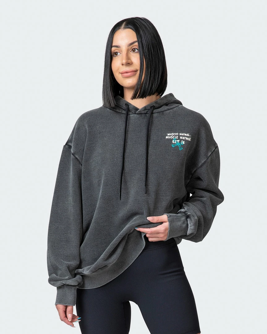 Muscle Nation Womens MN Club Oversized Vintage Hoodie - Washed Black Welcome To The Club 3 Muscle Nation Womens MN Club Oversized Vintage Hoodie - Washed Black Welcome To The Club