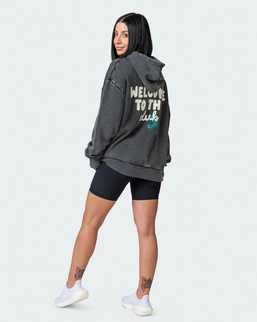 Muscle Nation Womens MN Club Oversized Vintage Hoodie - Washed Black Welcome To The Club 9 Muscle Nation Womens MN Club Oversized Vintage Hoodie - Washed Black Welcome To The Club