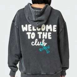 Muscle Nation Womens MN Club Oversized Vintage Hoodie - Washed Black Welcome To The Club 14 Muscle Nation Womens MN Club Oversized Vintage Hoodie - Washed Black Welcome To The Club