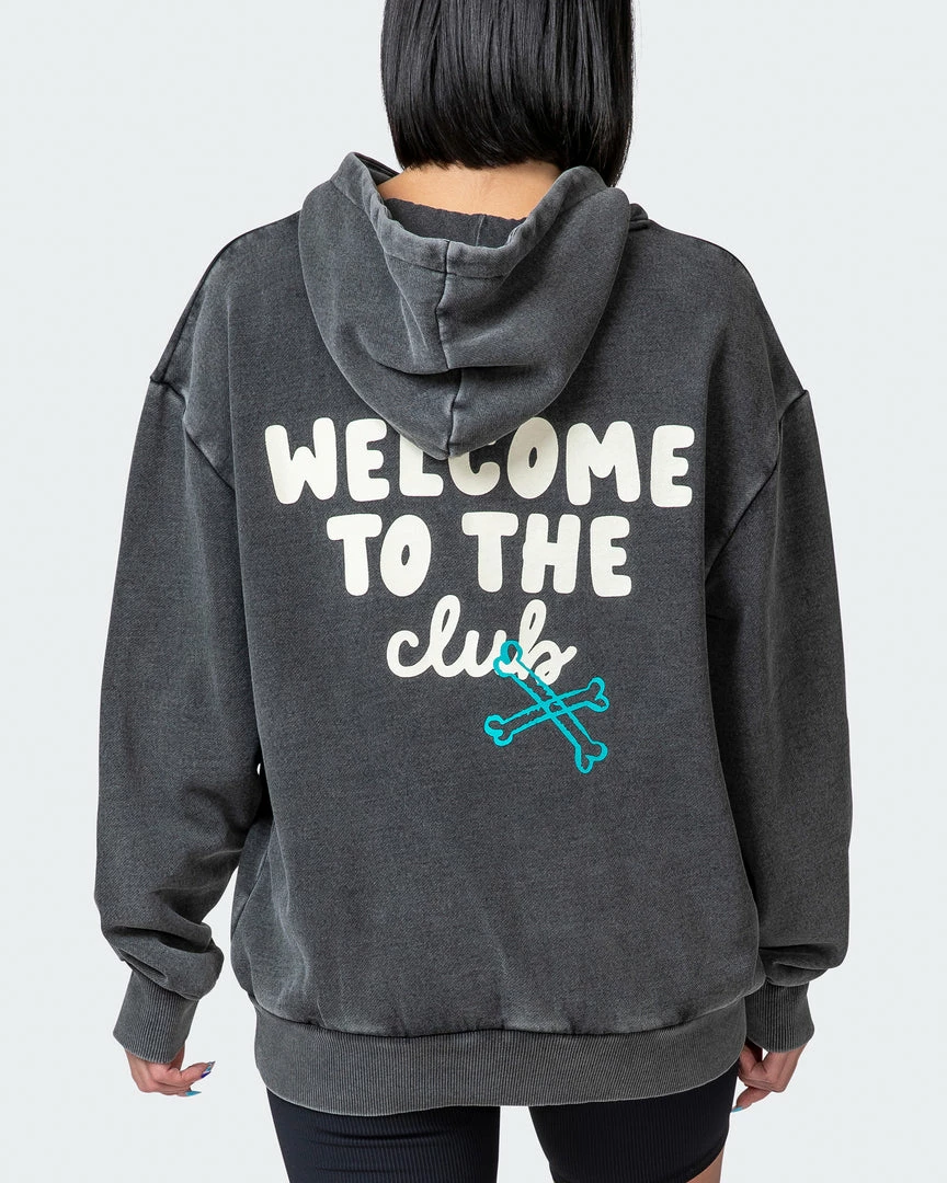 Muscle Nation Womens MN Club Oversized Vintage Hoodie - Washed Black Welcome To The Club 8 Muscle Nation Womens MN Club Oversized Vintage Hoodie - Washed Black Welcome To The Club