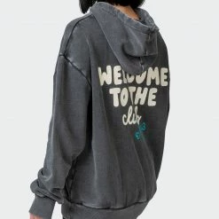 Muscle Nation Womens MN Club Oversized Vintage Hoodie - Washed Black Welcome To The Club 13 Muscle Nation Womens MN Club Oversized Vintage Hoodie - Washed Black Welcome To The Club