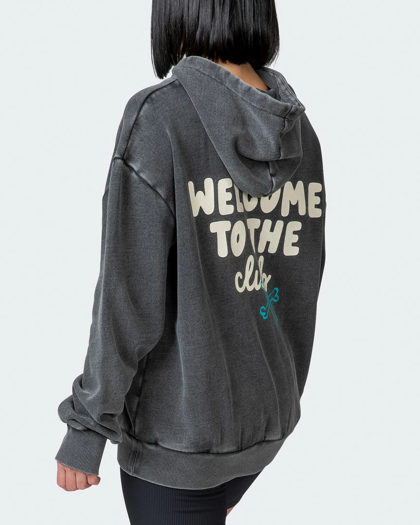 Muscle Nation Womens MN Club Oversized Vintage Hoodie - Washed Black Welcome To The Club 7 Muscle Nation Womens MN Club Oversized Vintage Hoodie - Washed Black Welcome To The Club