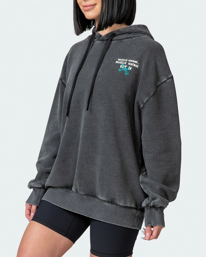Muscle Nation Womens MN Club Oversized Vintage Hoodie - Washed Black Welcome To The Club 5 Muscle Nation Womens MN Club Oversized Vintage Hoodie - Washed Black Welcome To The Club