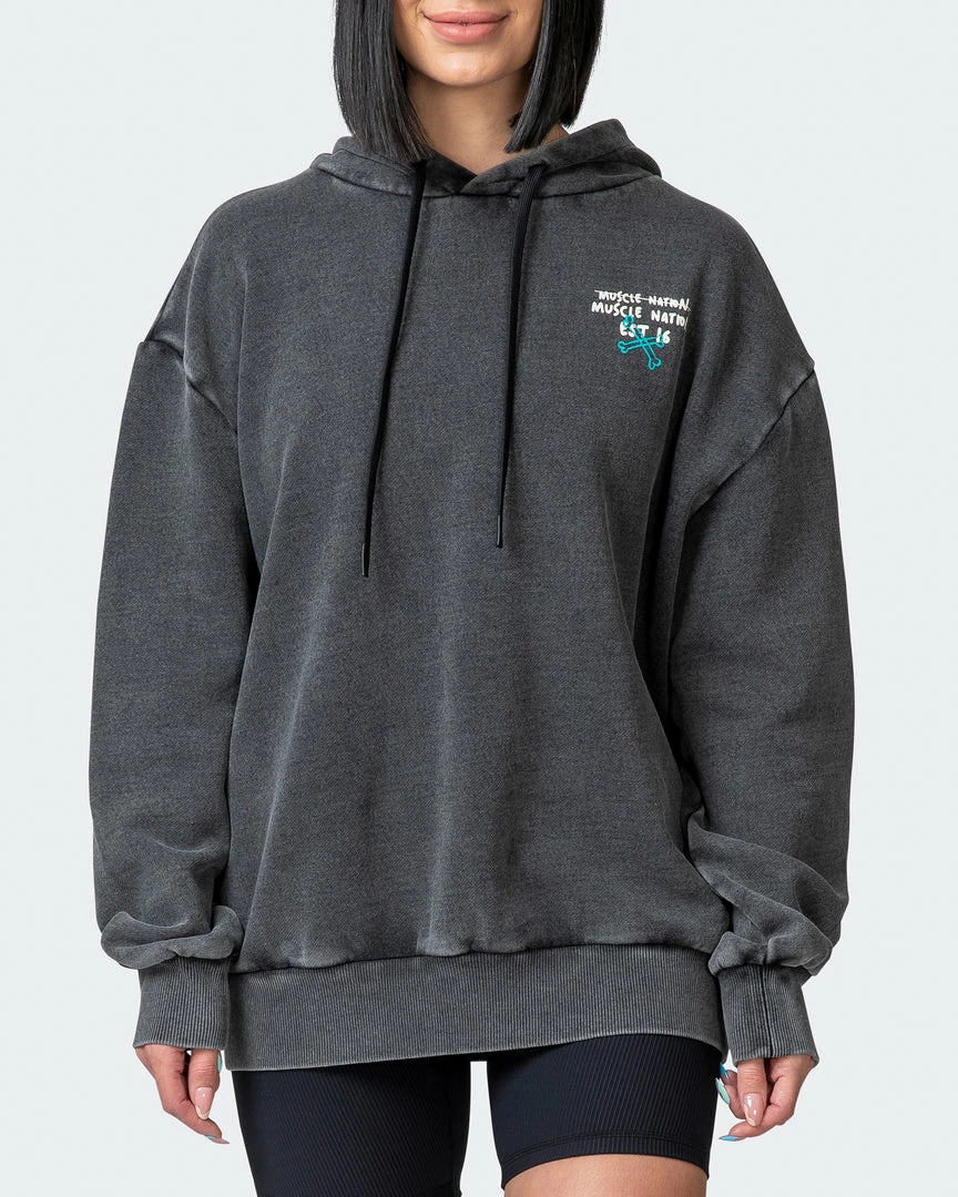 Muscle Nation Womens MN Club Oversized Vintage Hoodie - Washed Black Welcome To The Club 4 Muscle Nation Womens MN Club Oversized Vintage Hoodie - Washed Black Welcome To The Club