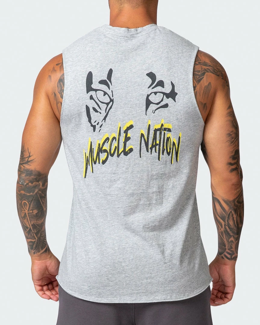 Muscle Nation Leopard Eyes Vintage Tank - Washed Light Grey Marl Mens 8 Muscle Nation Leopard Eyes Vintage Tank - Washed Light Grey Marl Mens