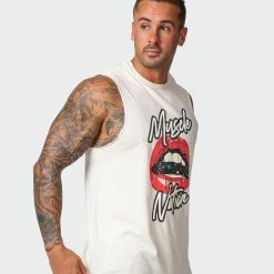 Muscle Nation Mens Lips Vintage Tank - Washed Oatmeal