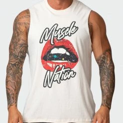 Muscle Nation Mens Lips Vintage Tank - Washed Oatmeal