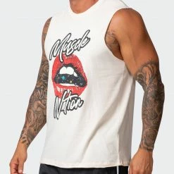 Muscle Nation Mens Lips Vintage Tank - Washed Oatmeal