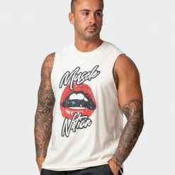Muscle Nation Mens Lips Vintage Tank - Washed Oatmeal