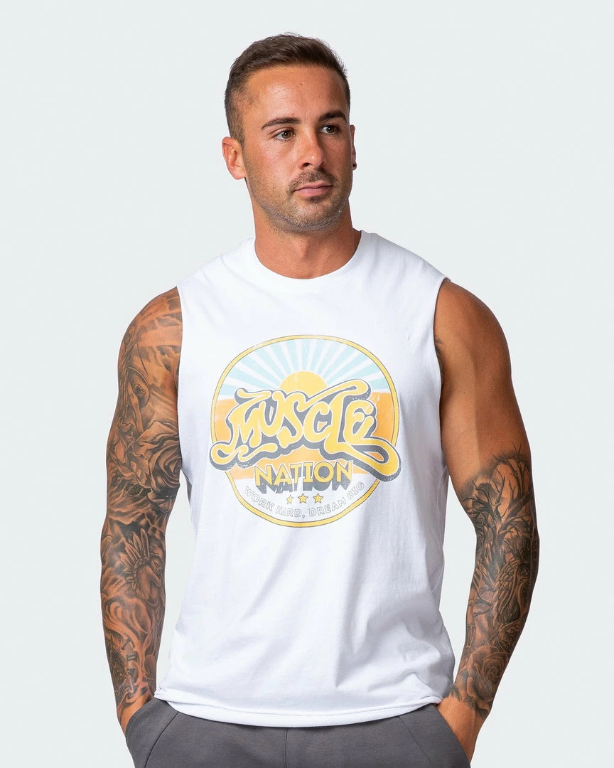 Muscle Nation Retro Vibes Vintage Tank - Washed White Mens 9 Muscle Nation Retro Vibes Vintage Tank - Washed White Mens