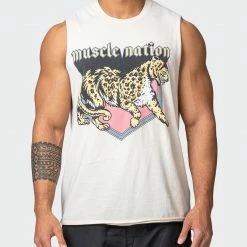 Muscle Nation Vintage Cheetah Tank - Washed Oatmeal Mens