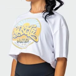 Muscle Nation Womens Retro Vibes Cropped Vintage Tee - Washed White