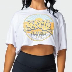 Muscle Nation Womens Retro Vibes Cropped Vintage Tee - Washed White