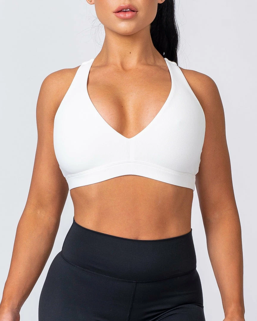Muscle Nation Ribbed Deep V Bra - White Womens 4 Muscle Nation Ribbed Deep V Bra - White Womens
