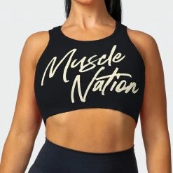 Muscle Nation Script Rib Cropped Tank - Black Womens