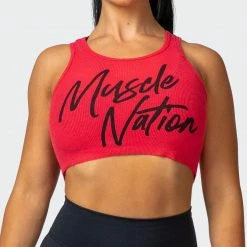 Muscle Nation Script Rib Cropped Tank - Hot Red Womens