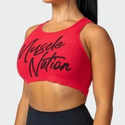 Muscle Nation Script Rib Cropped Tank - Hot Red Womens