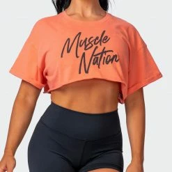 Muscle Nation Womens Script Super Cropped Tee - Washed Citrus