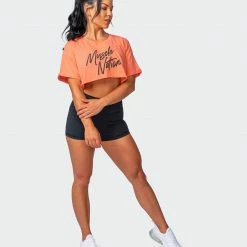 Muscle Nation Womens Script Super Cropped Tee - Washed Citrus
