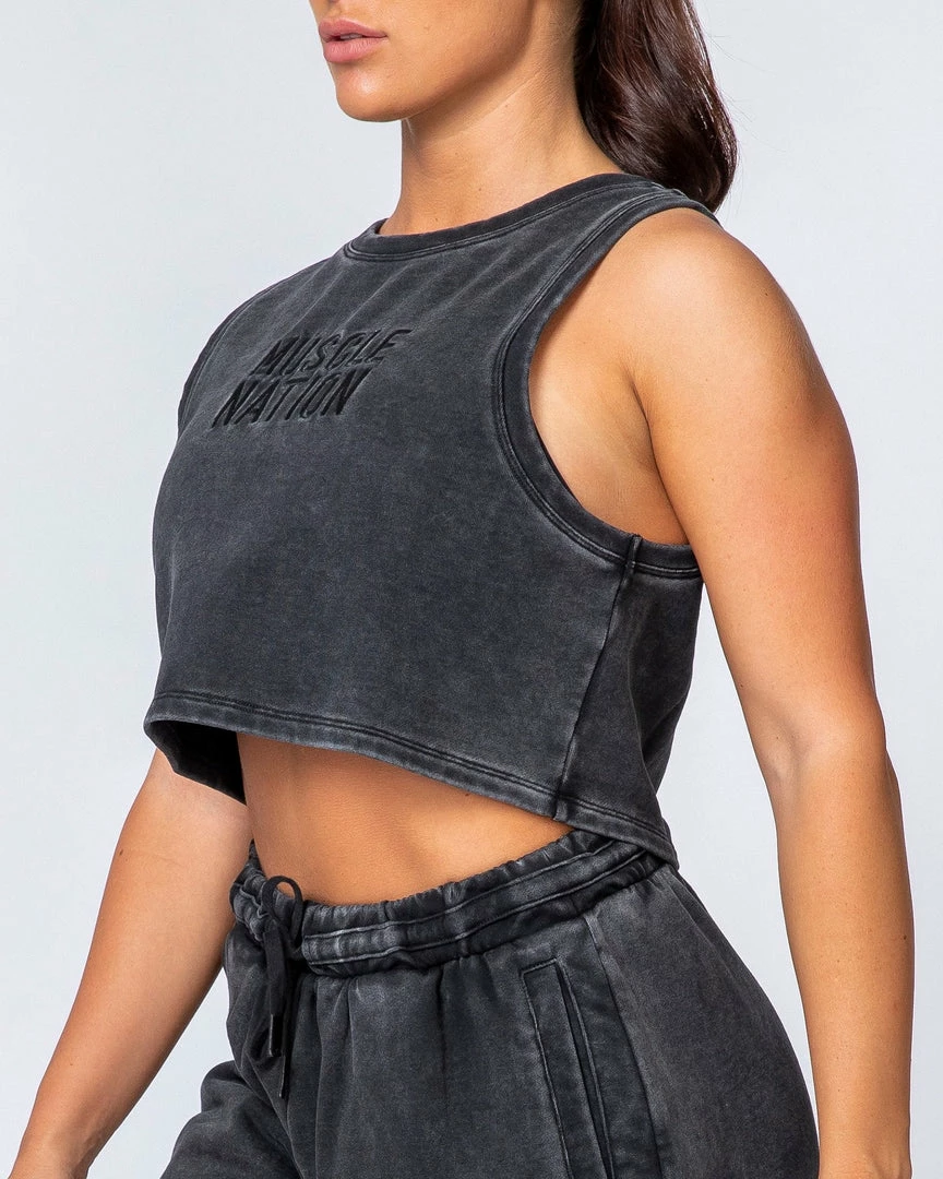 Muscle Nation Cropped Rest Day Tank - Washed Black Womens 6 Muscle Nation Cropped Rest Day Tank - Washed Black Womens