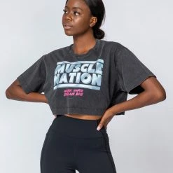 Muscle Nation Womens Cropped Vintage Tee - Washed Black 80's Chrome
