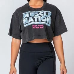 Muscle Nation Womens Cropped Vintage Tee - Washed Black 80's Chrome