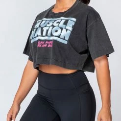 Muscle Nation Womens Cropped Vintage Tee - Washed Black 80's Chrome