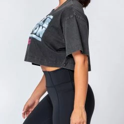 Muscle Nation Womens Cropped Vintage Tee - Washed Black 80's Chrome