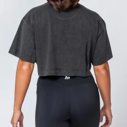 Muscle Nation Womens Cropped Vintage Tee - Washed Black 80's Chrome