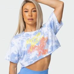 Muscle Nation Featured Womens Neon Eagle Tie Dye Cropped Tee - White / Cashmere Blue Tie Dye
